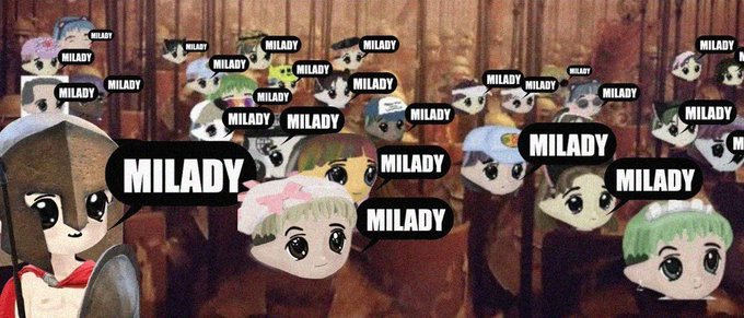 An animated scene showing multiple cartoon characters with speech bubbles all saying 'MILADY', including what appears to be Chihiro from Spirited Away in the foreground.