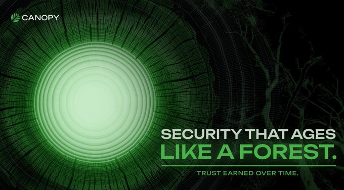 An advertisement with a green glowing tree ring design and the text 'CANOPY - SECURITY THAT AGES LIKE A FOREST. TRUST EARNED OVER TIME.'