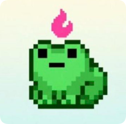 A pixel art image of a green frog-like creature with a pink flame on top of its head against a soft gradient background.