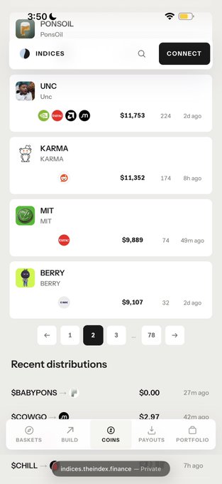 A mobile app screenshot from 'Ponsol' displays the 'INDICES' page listing NFTs including UNC ($11,753), KARMA ($11,352), MIT ($9,889), and BERRY ($9,107), along with a 'Recent distributions' section.
