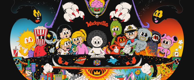 Colorful Wackyville artwork featuring various cartoon characters including a popcorn bucket, ice cream cone, sun, and several stylized faces and creatures in a vibrant cityscape setting.