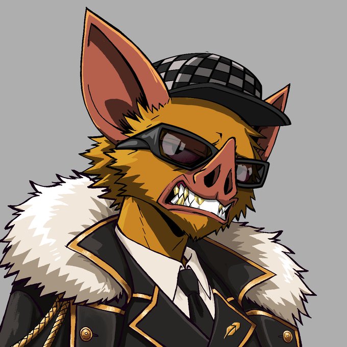 A digital illustration of an anthropomorphic pig character wearing a checkered flat cap, sunglasses, and a black coat with white fur trim, baring its teeth in a menacing grin.
