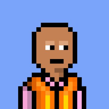 A pixel art portrait of a dark-skinned character with short hair wearing an orange and black striped outfit, set against a light blue background.