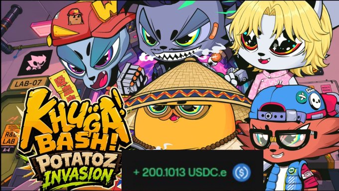 Promotional artwork for 'Khuga Bash! Potatoz Invasion' featuring cartoon characters including a cat, a skull-faced figure, and a robot, with a payment overlay showing '+ 200.1013 USDC.e'.