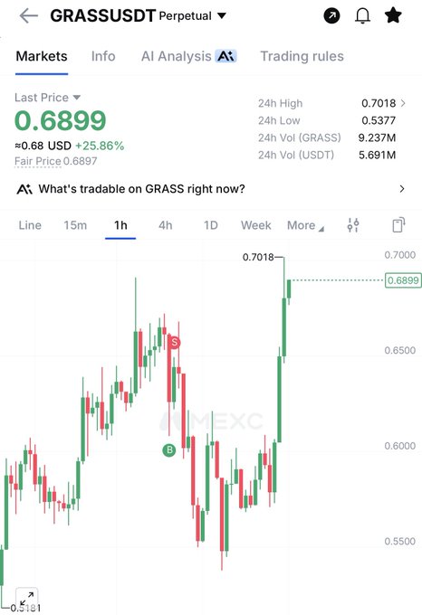 The image shows the GRASS/USDT perpetual trading pair on MEXC, with a current price of 0.6899 USD (+25.86%), highlighting it as a top gainer today. The 1-hour candlestick chart displays a strong upward move, with the price reaching a 24h high of 0.7018 after dipping to a 24h low of 0.5377, reflecting significant bullish momentum.