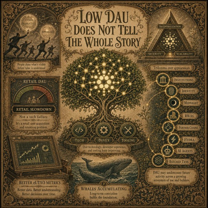 An ornate, vintage-style infographic titled 'Low DAU Does Not Tell The Whole Story,' featuring a glowing tree and detailing concepts like the 'Retail DAU Slowdown,' 'Trilemma,' and 'Whales Accumulating.'