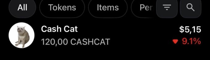 The image shows a portfolio screen displaying a "Cash Cat" token holding of 120.00 CASHCAT valued at $5.15, with a 9.1% decrease indicated. This relates to the post claiming that OpenSea Mobile App users received a free airdrop of $5 worth of Cash Cat tokens directly sent to their wallets.