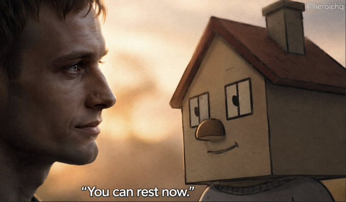 The image shows a man looking at a cartoon house with a smiley face drawn on it. The caption below the image reads "You can rest now." This suggests that the viewer has reached the end of an interesting or humorous meme, and they are ready for more content from the creator.