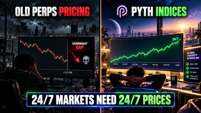 An advertisement comparing "OLD PERPS PRICING" with "PYTH INDICES", showing a trader looking at a bearish chart with an "OVERNIGHT GAP" on the left, and a relaxed trader with a 24/7 upward chart labeled "24/7 MARKETS NEED 24/7 PRICES" on the right.