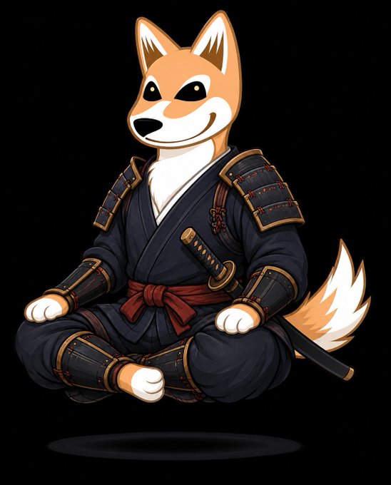 A cartoon illustration of a Shiba Inu dog dressed as a samurai warrior in dark blue armor, sitting cross-legged with a katana sword on a black background.