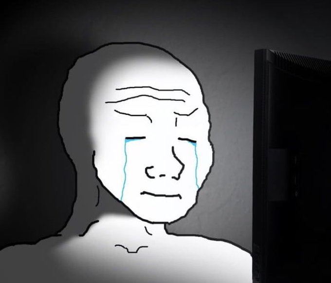 The image features a sad-looking man with tears streaming down his face, sitting in front of a television screen. The scene appears to be set against a dark background, which further emphasizes the somber mood. The caption provided seems to be related to an online post or meme that discusses financial troubles and the impact they have on people's emotions.