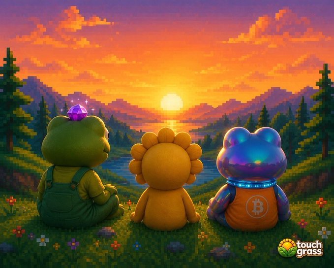 Three cute characters—a bear with a purple gem, a yellow sunflower, and a metallic cat with a Bitcoin logo—sit together watching a pixel art sunset, with a 'touch grass' logo in the corner.