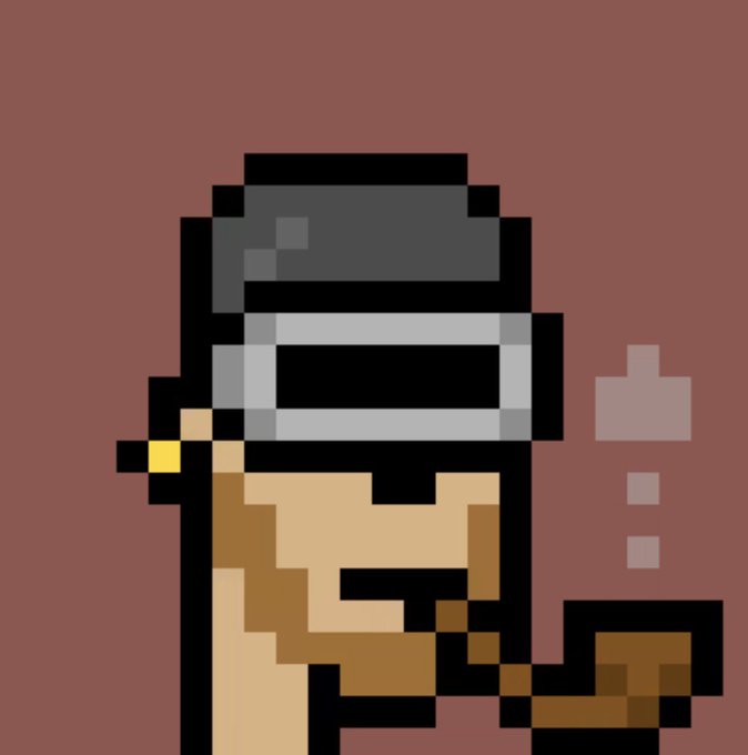 A pixel art portrait of a character wearing a dark helmet or headgear with a visor, shown smoking a cigar against a solid reddish-brown background.