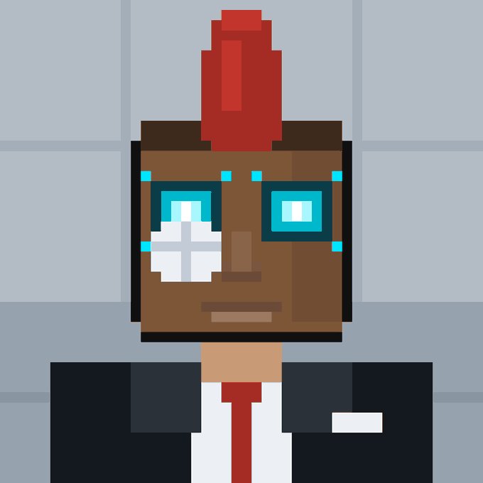 A pixel art character with dark skin, glowing blue eyes, and a red mohawk wearing a black suit and red tie.