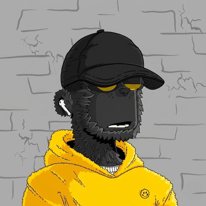 A digital illustration of an anthropomorphic black gorilla character wearing a black baseball cap, a gold hoop earring, and a yellow hoodie with a small smiley face logo, standing against a gray brick wall background.