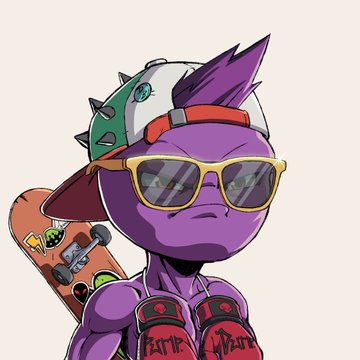 A cartoon illustration of a purple-skinned character wearing a spiked white and red cap, yellow sunglasses, and red boxing gloves, holding a skateboard.