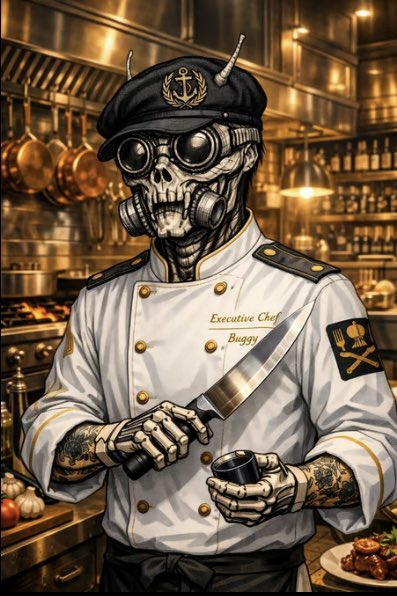 An illustration of a skull-faced character wearing a black chef's hat, goggles, and a gas mask, dressed in a white chef's coat labeled 'Executive Chef Buggy' with a Jolly Roger patch, holding a knife in a professional kitchen.