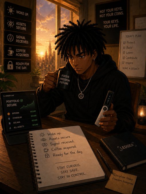 A young man with dreadlocks sits at a desk holding a "FOCUS FREEDOM FUTURE" mug beside a Ledger hardware wallet, with a checklist reading "Woke up. Assets secure. Signal received. Coffee acquired. Ready for the day. Stay curious. Stay safe. Stay in control." The image visually reinforces the post's crypto-security routine, showcasing Ledger's branding alongside the morning checklist that emphasizes protecting digital assets.