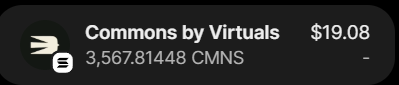The image shows a cryptocurrency transaction display on a dark background, showing a purchase of "Commons by Virtuals" (CMNS) for $19.08, acquiring 3.56781448 CMNS tokens. The accompanying post celebrates making $18 in profit from this token, highlighting the user's enthusiasm for what they describe as a lucrative "generational airdrop."