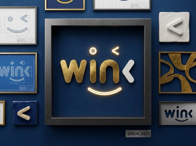 A 3D graphic featuring a golden 'wink' emoticon centered in a dark frame, surrounded by various smaller frames and blue background details, signed '@BON_DEFI'.