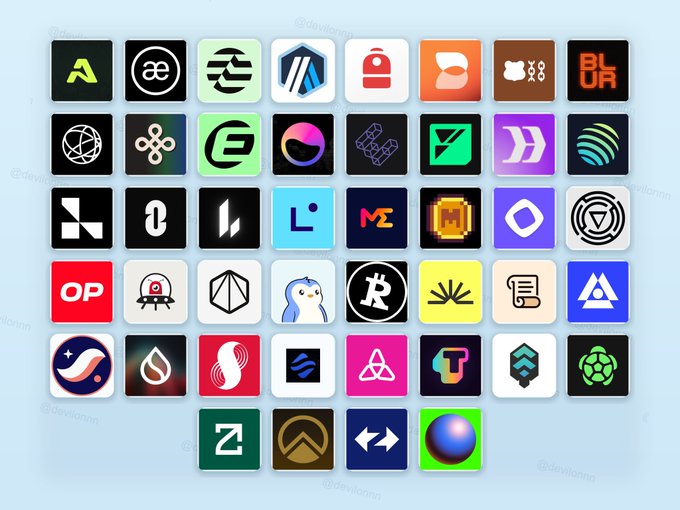 A grid collection of various cryptocurrency and tech company app icons arranged on a light blue background, featuring logos like Optimism, Magic Eden, and others.