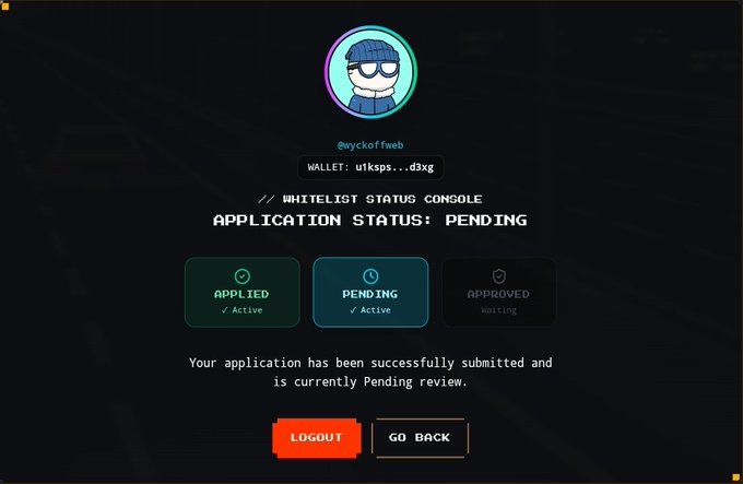 A digital whitelist status console displays a user profile for "@wyckoffweb" with a partially masked wallet address "utksps...d3xg", showing an application status of "PENDING" with completed "APPLIED" and "PENDING" stages marked as Active while "APPROVED" remains "Waiting". The screen confirms "Your application has been successfully submitted and is currently Pending review," directly supporting the accompanying post about the user's recent whitelist application to zecboyz.pro for Zcash.