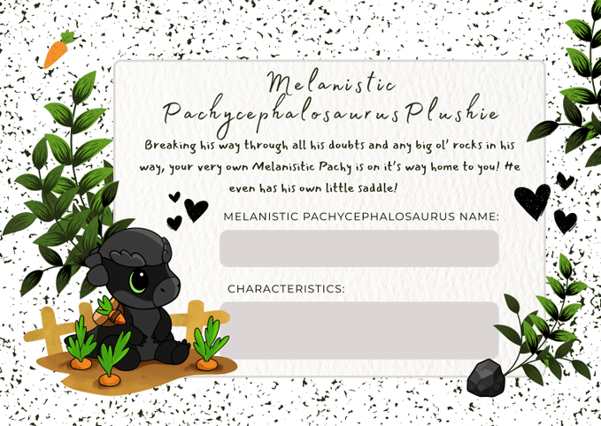 The image is a digital adoption certificate for a "Melanistic Pachycephalosaurus Plushie," featuring a cute black cartoon dinosaur with a saddle next to a fence, surrounded by plants, hearts, and a carrot. The accompanying post mentions a similar certificate for "Bonk," suggesting this image showcases the certificate format customers can download from the merch store for their plush companions.