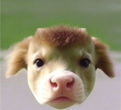 A close-up of a puppet resembling a puppy or piglet with brown fur, floppy ears, a pink snout, and droopy eyes.