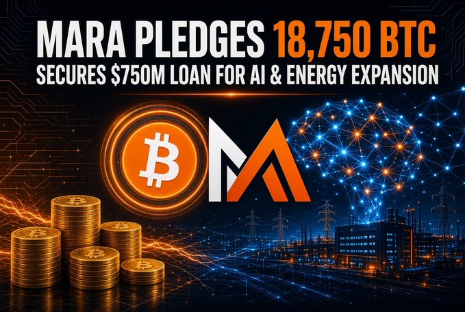 A news-style graphic with the text 'MARA PLEDGES 18,750 BTC' and 'SECURES $750M LOAN FOR AI & ENERGY EXPANSION'. It features logos for Bitcoin (BTC) and MARA Holdings, alongside imagery of gold coins and a power grid.