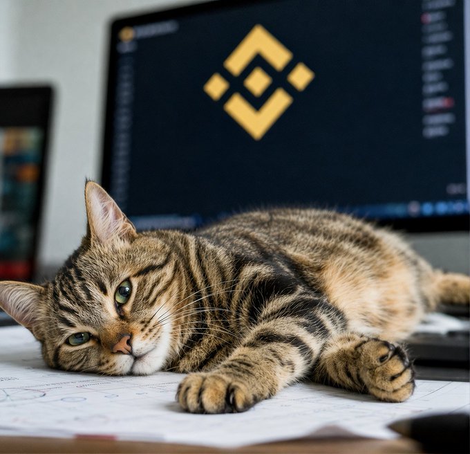 A tabby cat lies on top of documents in front of a computer monitor displaying a yellow geometric logo on a dark background.