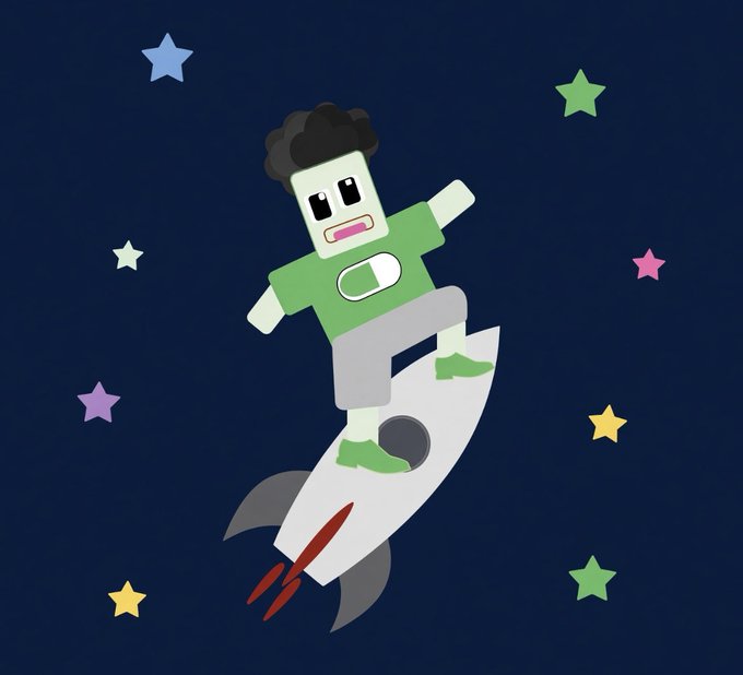 A pixel-art character with messy dark hair, a green shirt, and wide expressive eyes rides a white rocket ship through a dark blue starry sky, surrounded by colorful stars in shades of blue, green, pink, purple, and yellow.

The whimsical "to the moon" rocket imagery playfully reinforces the post's crypto/DeFi theme of following top traders on Pumpfun, symbolizing the sender's optimistic ride to financial success alongside industry legends.