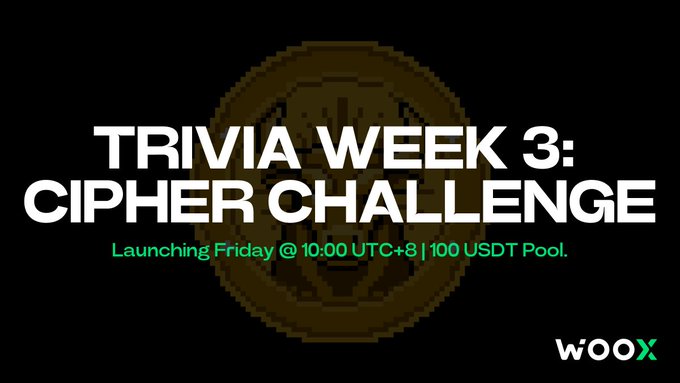 Promotional graphic on a black background reading 'TRIVIA WEEK 3: CIPHER CHALLENGE' in white text with green subtext 'Launching Friday @ 10:00 UTC+8 | 100 USDT Pool.' and the WOOX logo.