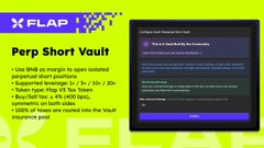 The image features a screenshot of a computer screen displaying information about a Perp Short Vault system setup, along with details about the Bitcoin blockchain, the cryptocurrency marketplace, and instructions for using the Bitcoin wallet service. The backdrop consists of yellow text that includes the name "FLAP" at the top, followed by an explanation of the Perp Short Vault system on the left side.