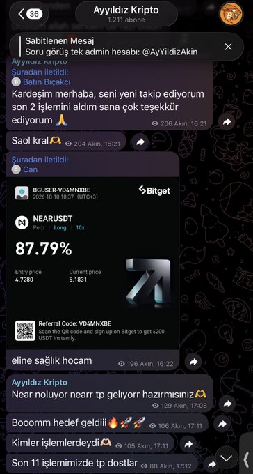 A Telegram chat screenshot for 'Ayyildiz Kripto' showing messages in Turkish and a Bitget promotional image for NEAR/USDT at 87.79%.