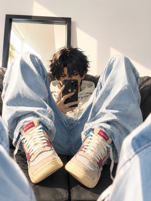 A mirror selfie of an anime-style character wearing baggy blue jeans and white and red sneakers with 'Tk', taking a photo with a black smartphone.