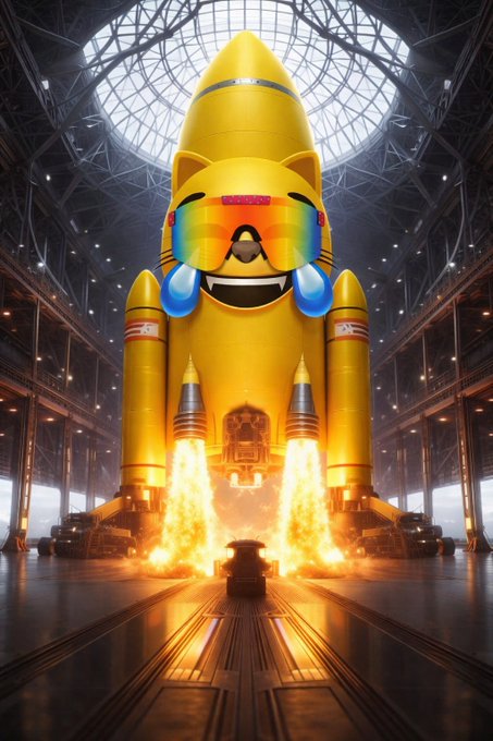 A stylized 3D illustration of a yellow rocket ship designed to look like a cat face with reflective sunglasses, launching with bright flames inside a large industrial hangar.