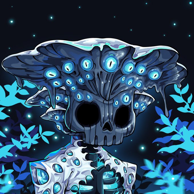 Digital artwork of a surreal skull-headed humanoid figure with a mushroom-like cap filled with glowing blue eyes, set against a starry night sky with blue foliage.