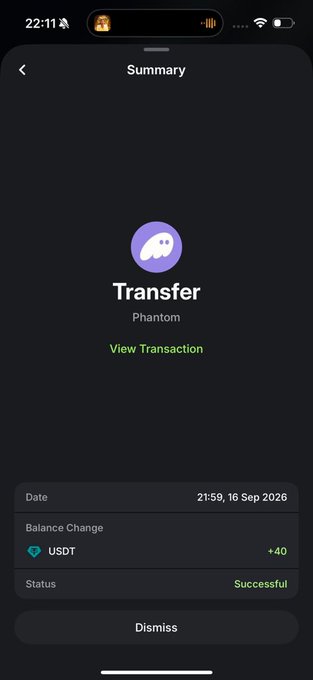 A mobile app transaction summary screen shows a successful USDT transfer of +40 dated 21:59, 16 Sep 2026 on the Phantom wallet, with options to view the transaction or dismiss.