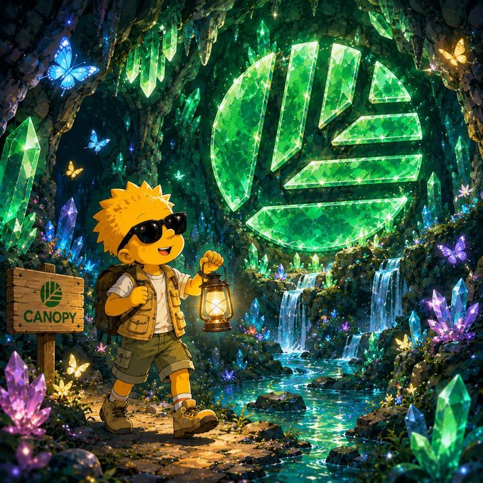 A cartoon adventurer with spiky yellow hair, sunglasses, and a backpack holds a glowing lantern while exploring a magical cave filled with giant green crystals, a waterfall, and colorful butterflies. A wooden sign reads "CANOPY."