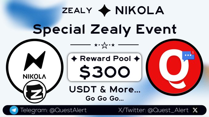 The image is a promotional graphic for a "Special Zealy Event" collaboration between Zealy and NIKOLA, featuring a $300 USDT reward pool alongside the Nikola logo and a red Telegram notification icon, with contact handles for @QuestAlert on Telegram and @Quest_Alert on X/Twitter—visually supporting the announcement of their new partnership and the launch of a Zealy sprint campaign.