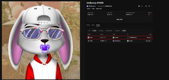 The image shows an avatar of a white bunny with pink ears wearing sunglasses and a red hoodie, displayed alongside a dashboard for "InkBunny #1468" showing a recent sale for 0.15 ETH with a minimum bid of 0.1776 ETH. This matches the post celebrating a notable Bunny NFT sale, highlighting the 0.15 ETH transaction that suggests positive momentum for the collection.