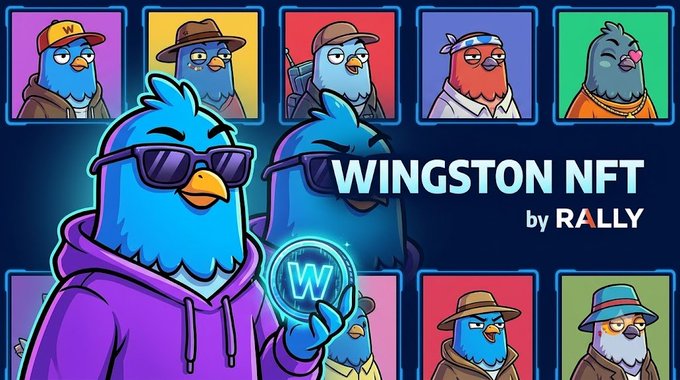A vibrant promotional graphic for "Wingston NFT by RALLY" featuring cartoon bird characters with various accessories like sunglasses, hats, and bandanas, with a central cool blue bird in sunglasses holding a glowing "W" coin.

The image ties to the caption's cautionary message about NFT projects fading after mint hype—the slick, celebratory marketing (cool sunglasses, glowing coin, colorful character lineup) embodies that "mint day party" energy, while the question of whether the community survives a year later contrasts with the polished, attention-grabbing visuals that draw buyers in.