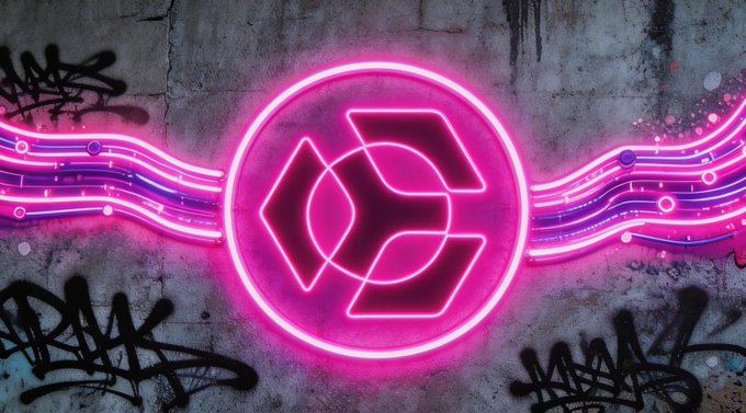 A glowing pink neon logo of a stylized letter 'C' or symbol is displayed against a graffiti-covered concrete wall.