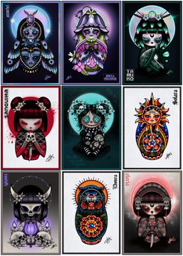 A 3x3 grid of nine colorful stylized doll illustrations featuring characters like 'STORM WIZARD' and 'SAMURAI', each with distinct themed designs.