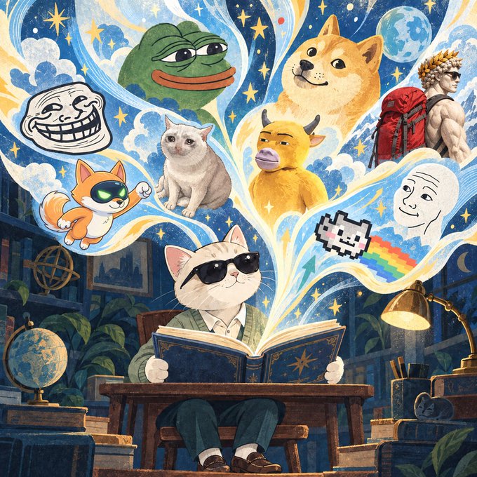 A whimsical digital illustration of a white cat wearing sunglasses and a sweater reading a magical book, from which various internet meme characters emerge including Pepe the Frog, Doge, a Shiba Inu, a Nyan cat, and Wojak, set against a starry night background.