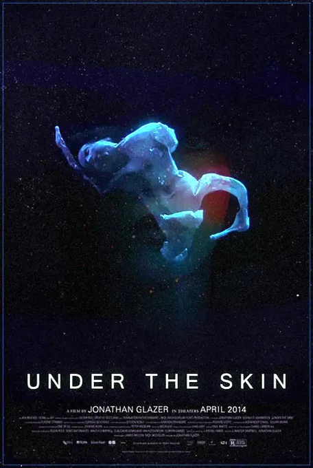 A movie poster for 'Under the Skin' features a glowing blue humanoid figure against a starry background, with text reading 'UNDER THE SKIN', 'A FILM BY JONATHAN GLAZER', and 'IN THEATERS APRIL 2014'.