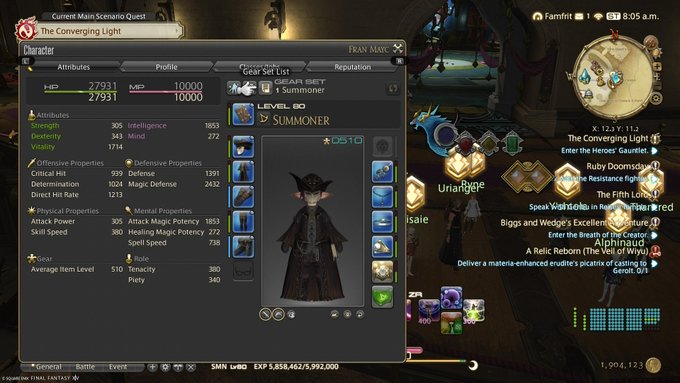 A screenshot from Final Fantasy XIV showing the character profile for a Level 80 Summoner named 'Frau Magic' with various stats displayed on the Character menu.