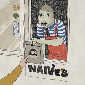 An illustration shows a man in a striped shirt and red apron holding a fish in a box, handed to someone through a window labeled 'NAIVES'.