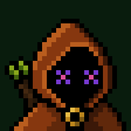 A pixel art portrait of a character with orange hair, purple eyes with pink highlights, and a yellow collar against a dark green background.