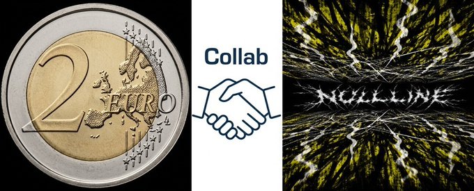 The image features a coin with the number "2" on one side, a handshake symbol on the other side, and a poster for the collaboration between Nullline and ethereum. The text on the poster reads "collab".